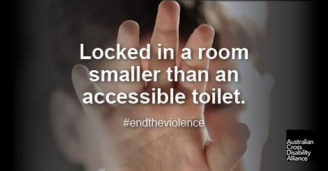 A photo of an unidentifiable boy who is holding his left hand up. There is text over the top of the photo that says: Locked in a room smaller than an accessible toilet #endtheviolence. The Australian Cross Disability Alliance logo is in the bottom right hand corner of the photo.