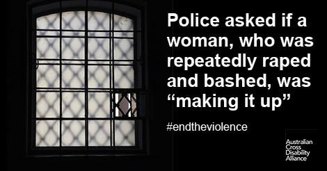 A dark room with a large window in it. The window has bars on it and is open only slightly. There is white text over the top of the image that says: Police asked if a woman, who was repeatedly raped and bashed, was “making it up” #endtheviolence. The ACDA logo is in the bottom right hand corner of the photo.