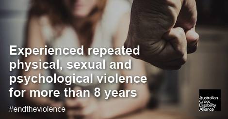 A close-up photo of a clenched fist and an unidentifiable woman in the background. There is white text over the top of the image that says: Experienced repeated physical, sexual and psychological violence for more than 8 years #endtheviolence. The Australian Cross Disability Alliance logo is in the bottom right hand corner of the photo.