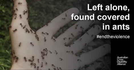 A photo of a hand with ants crawling over it. There is white text over the top of the image that says: Left alone, found covered in ants #endtheviolence. The ACDA logo is in the bottom right hand corner.