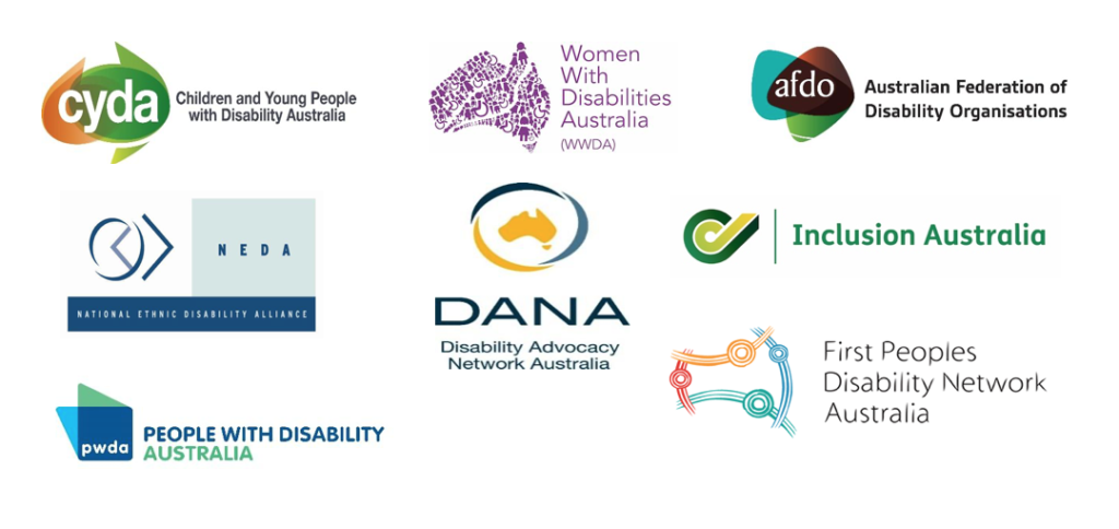 Logos for the Australian Federation of Disability Organisations, Children and Young People with Disability Australia, the Disability Advocacy Network Australia, the First Peoples Disability Network, Inclusion Australia
the National Ethnic Disability Council, 
People with Disability Australia, and 
Women with Disabilities Australia.