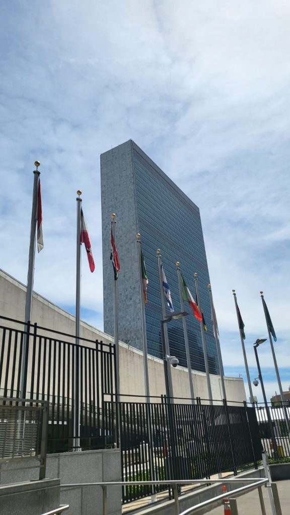 A skyscraper with a row of flagpoles in front of it, bearing flags of various nations.