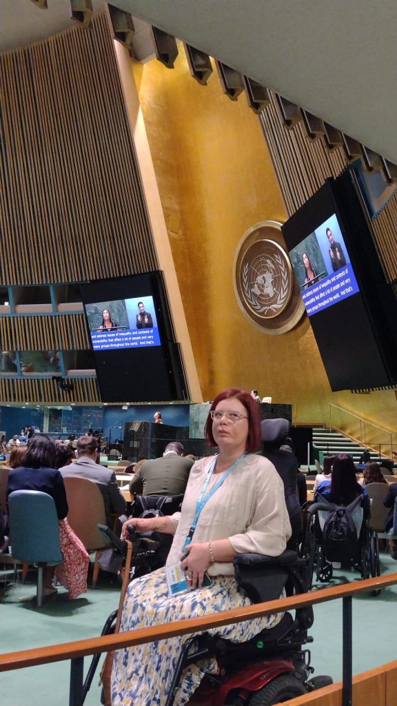 A white woman in a wheelchair wearing a floral skirt, loose blouse and a lanyard around her neck. She is holding a walking stick and a phone. Behind her are two screens high up on the walls of a formal meeting room, and people in chairs facing away from the camera listening to the speaker.